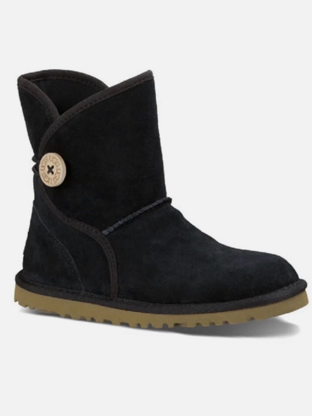 UGG Kids Short Button Boot in Black with Tan Sole
